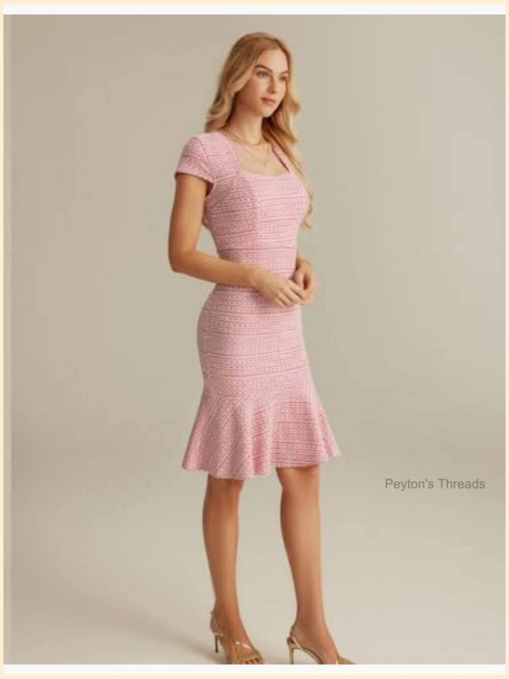 Elegant Cap Sleeve Fishtail Tweed Bodycon Cocktail Dress - Picture 3 of 6